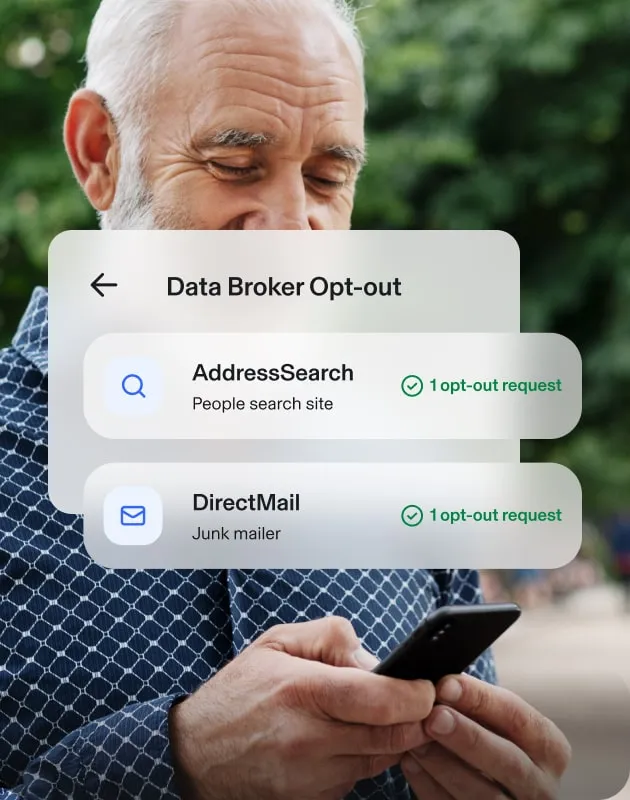 An elderly man — outdoors and smiling looking at his phone — next to Aura popups confirming 88 data broker removals